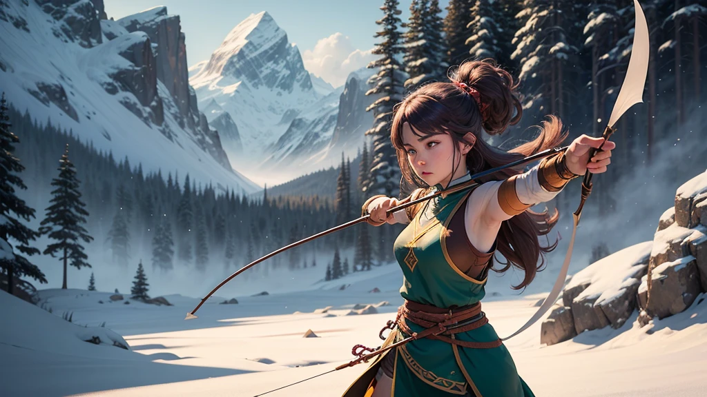 "Create an image of Lyra, the skilled archer of the Dragon Clan. She should be depicted in dragon-themed attire, drawing a bow with intense focus. Her background should include a training field with mountains and trees, showcasing her agility and precision."