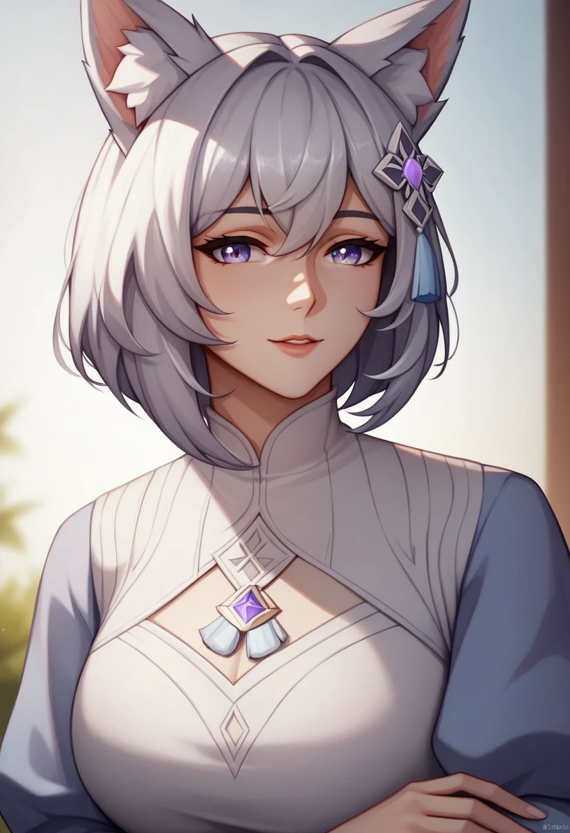 (masterpiece, best quality:1.2)((silver white hair))((violet eyes)),solo,1girl,((eyes tilted outwards)), ((close up photo)), foxgirl, mature_female, milf, animal_ears,averting_eyes,standing_fox_ears,fluffy_fox_tail,hair_between_eyes,basic_blue_hairpin,short_hair, bob_hair, casual_clothing, puffy_sleeves, wide_sleeves, girly_clothes, pleated_skirt, genshin_impact
