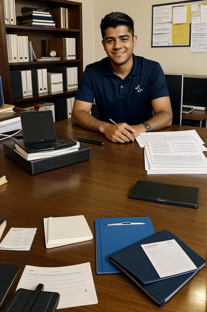 a person (llamémosle Alex) this in his office, looking enthusiastic and with a stack of documents on his desk.