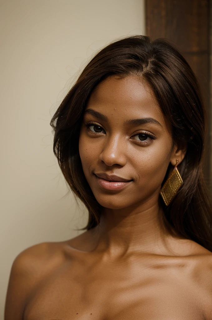 Foto CRU, foto de retrato de rosto de linda de 26 anos.oh woman, rosto fofo, usando vestido preto, cara feliz, sombras duras, cinematic shot, dramatic lighting brown skin