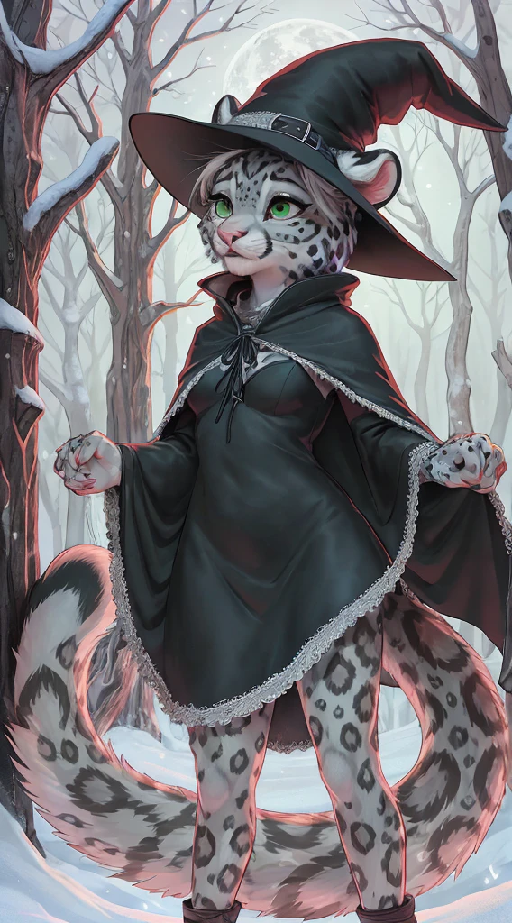 detailed back ground, Dark and mysterious forest, fog rolling through the trees, snow covered ground, full moon shining brightly in the sky, a clearing with scattered leaves and pumpkins, a((slim and graceful)(leopardo da neve:1.2))woman standing in her witch costume, (black dress adorned with silver stars), (pointed hat with wide brim), (long cloak flowing behind her), (Sharp claws on fingertips), (greeneyes), ((delicate pink nose:1.1)peeking out from under the witch&#39;s hat), (playful smile revealing sharp fangs), detailed skin markings that resemble mystical patterns on your body, (confident stance), (half body view)