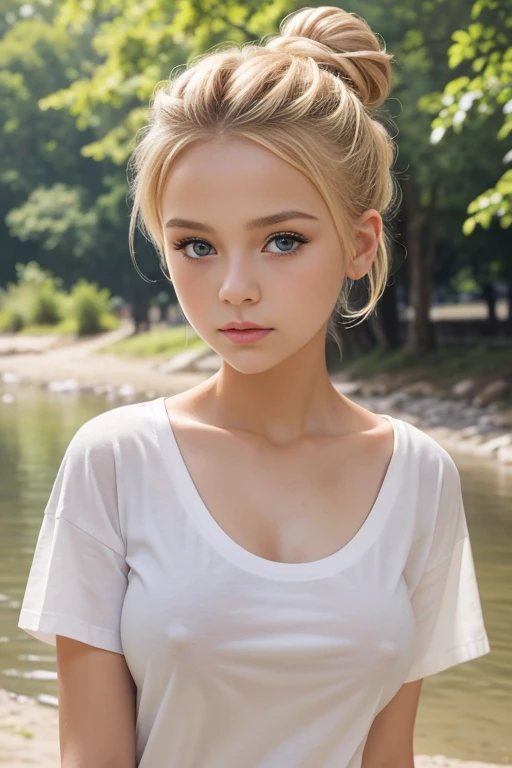 13yo cute blonde girl, hair up in a high bun, makeup, extremely detailed eyes and lips, pretty face, short body, oversized white t-shirt, wide-necked shirt, big breasts, standing at the park by a river, summer, nipples, 