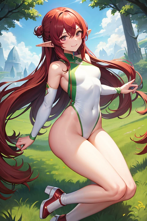 1girl, friendly smile, elf woman, red shoulder length hair, brown shiny no-crossed eyes, 1hand on each arm, 1arm on shoulder, 1thumb and 4fingers on each hand, 2legs, 1foot on each leg, wears a full-body white and green leotard, wears white and green boot on each foot