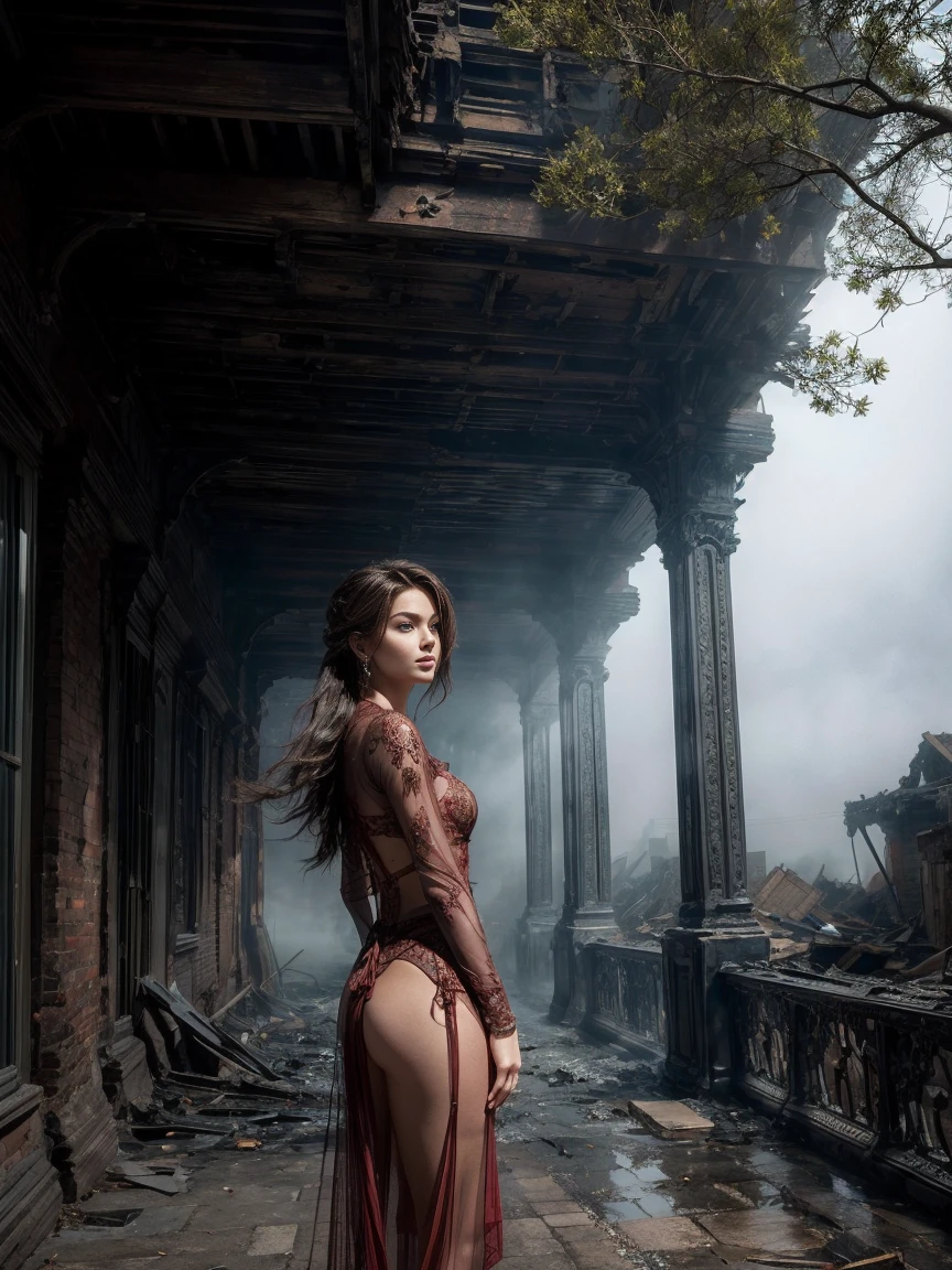 8k, full-body shot taken from the side of beautifull cortana, (red, intricate, sheer, transparent, translucent, skintight cloth), intricate, beautifull face, her skin should be pale and flawless, With a touch of transcendental beauty, she Should express Calm Confidence, (she is standing on the bridge of an old town, (Just a hint of fog covering the destroyed town)), highly detailed, digital hyperrealistic photography, hyperrealistic photography filigree, shyness, most beautyfull face, masterpiece, sidelighting, (finely detailed beautifull blue eyes: 1.2)
