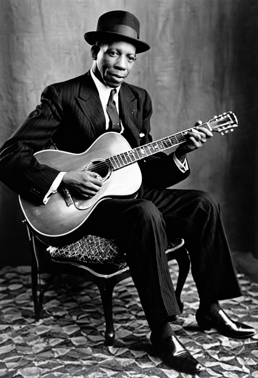 Blues guitarist Robert Johnson playing his guitar while sitting on a chair