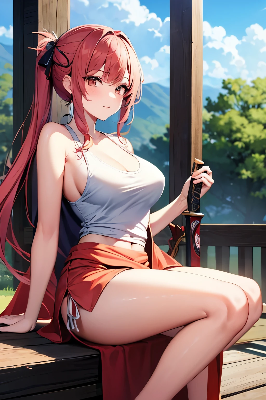 1girl , kimono, obi, tank top, big sword, jump