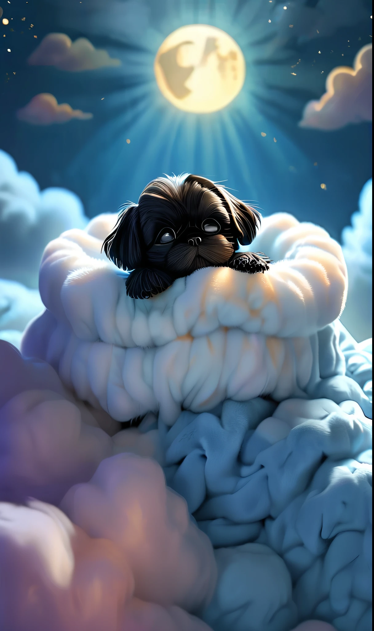 Adorable small black shih tzu puppy in fuzzy bathrobe, black shih tzu puppy sleeping on cloud, night photo, moonlight lighting, godrays rai-dissolve, 3D, pixar style