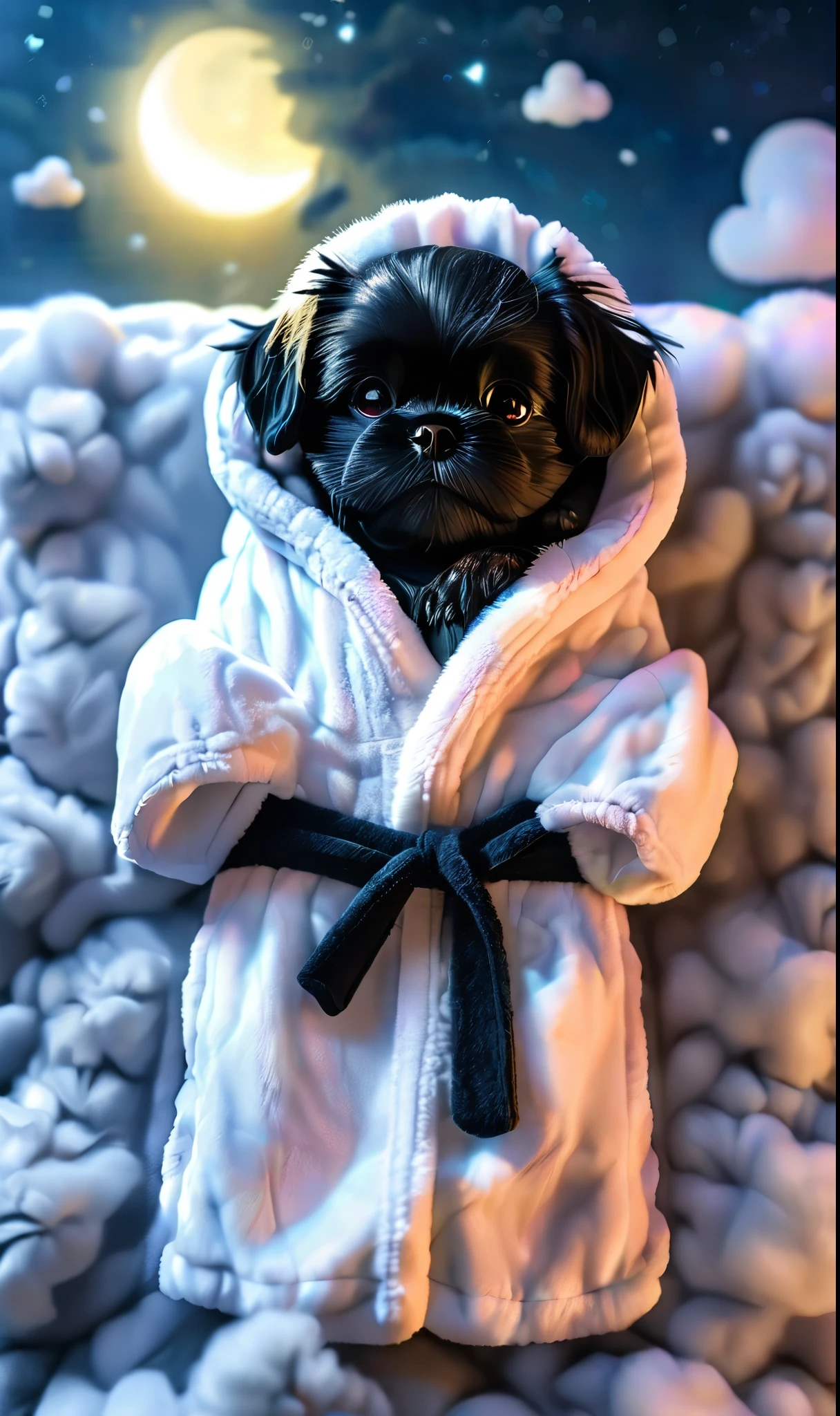 Adorable small black shih tzu puppy in fuzzy bathrobe, black shih tzu puppy sleeping on cloud, night photo, moonlight lighting, godrays rai-dissolve, 3D, pixar style