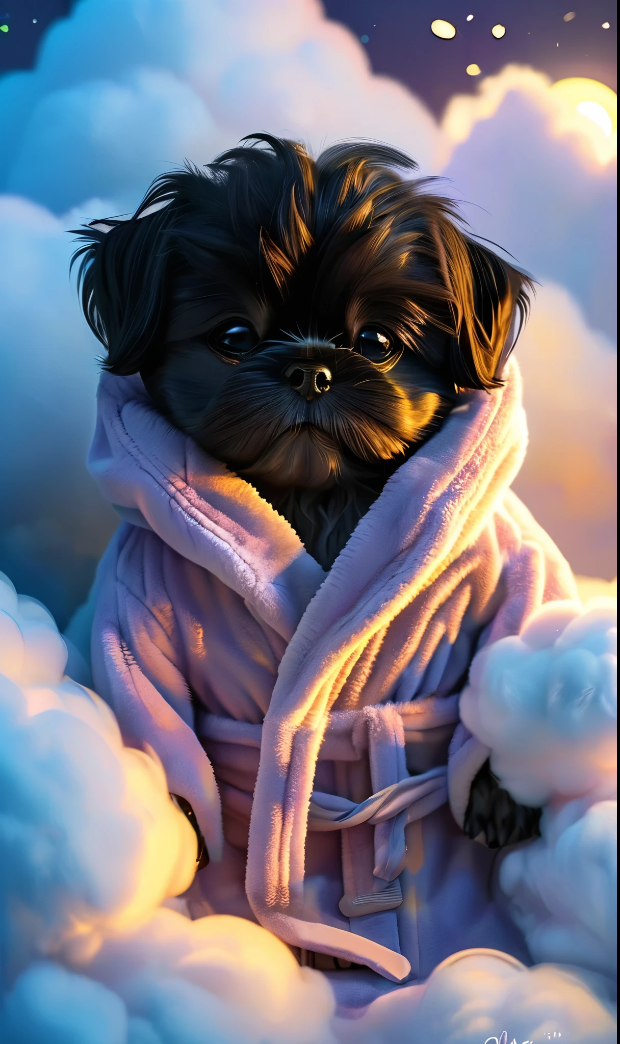Adorable small black shih tzu puppy in fuzzy bathrobe, black shih tzu puppy sleeping on cloud, night photo, moonlight lighting, godrays rai-dissolve, 3D, pixar style