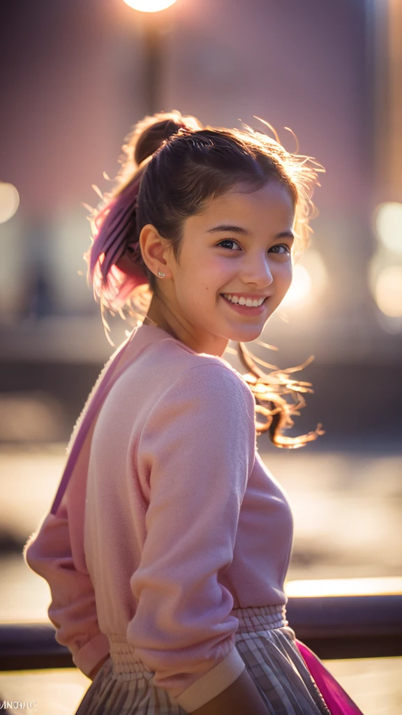 Portrait photo of a young european girl, (laughing:0.7), posing, look at a camera, pink ponytails hair, complex city background, backlit, (cinematic:1.5), epic realistic, hyperdetailed, insane details, intricate details, accent lighting, soft volumetric light, bokeh, (dramatic light:1.2), (neutral colors:1.3), cross process