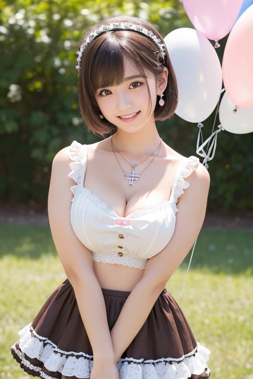 a young girl with white skin, ((short tiered dark brown hair)), V-cut with layers and bangs, brown eyes, soft features (best quality, ultra high resolution, 8k, RAW photo, ultra high resolution: 1.2, masterpiece: 1.3), (realistic, realism: 1.37), highly detailed, professional lighting, photon mapping, radiosity, physically based rendering, single girl, (high school girl), sharp focus: 1.2, beautiful woman: 1.4, cute, nice, adorable smile, normal chest, cross necklace, earrings, ring, (cleavage), ((short dark brown hair)), (cute smile showing teeth) wearing a sweet ta dress with pastel colors, ribbons, bows and a fluffy skirt. She is surrounded by cute stuffed animals and pastel-colored balloons.