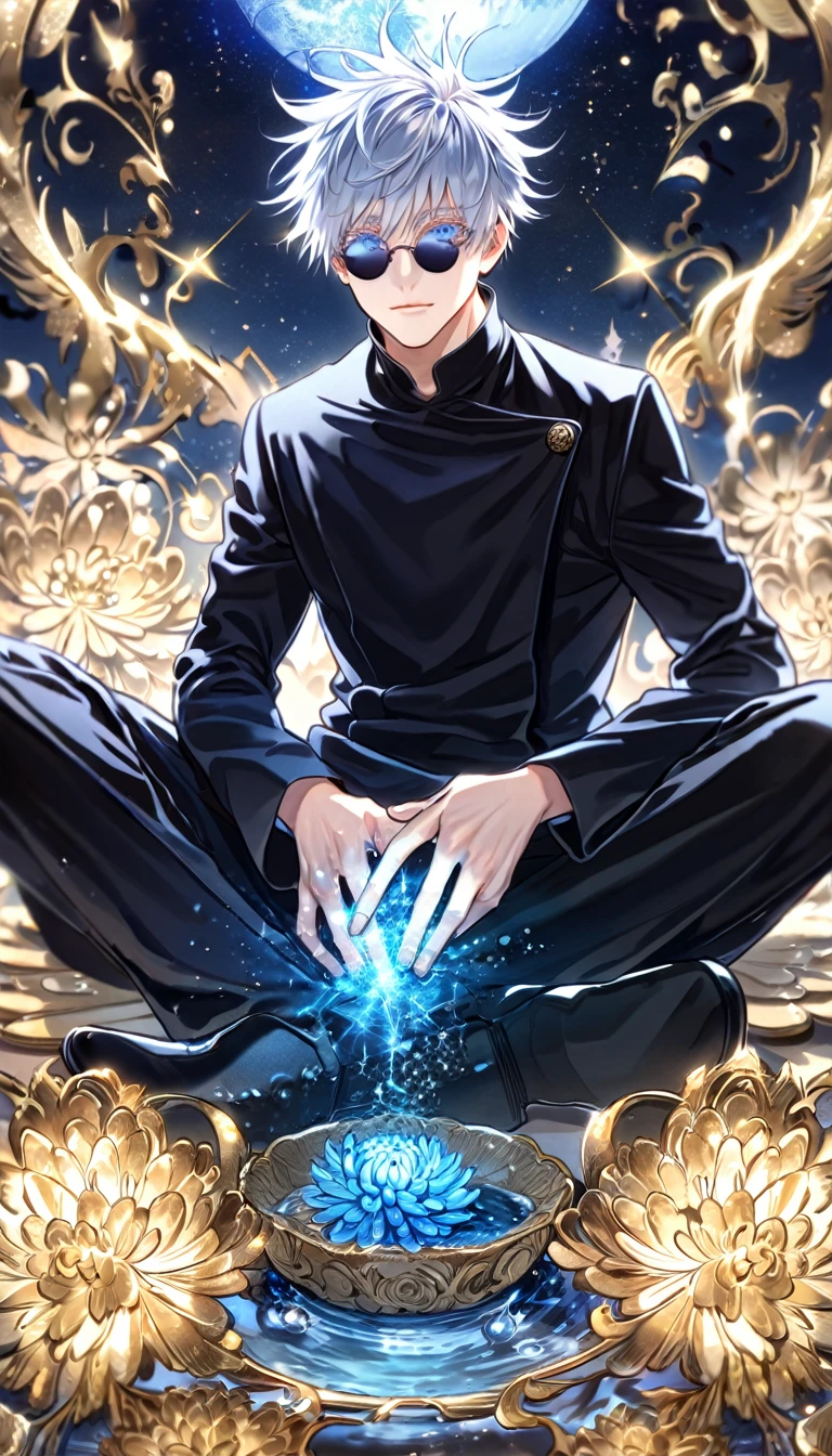 absurdres, highres, ultra detailed, HDR, master piece, best quality, extremely detailed, Gojou Satoru, white hair, black round sunglasses, expressive blue eyes, white eyelashes, Jujutsu Kaisen, solo, sexy man sitting, handsome, jujutsu uniform, black shirt, black pants, fantasy, water, sparkling, blue glittering fireflies, blue moon, blue blossoms, blue chrysanthemums, blue sparkling lights, starry sky, magical