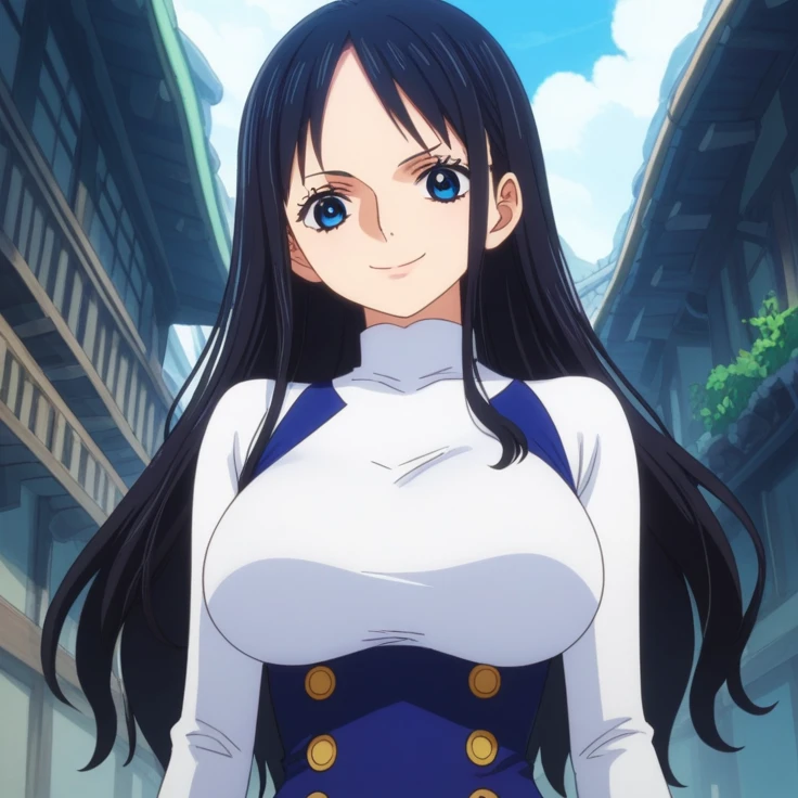 score_9, score_8_up, score_7_up, best quality, masterpiece, source_anime, anime screencap, one_piece_wano_style, clear face, 1girl, solo, , black hair, shot hair, blue eyes, large breasts, bodysuit white, one-piece dress, black mini skirt, clevage, outdoor, smile, dynamic angle, looking at viewer, upper body 