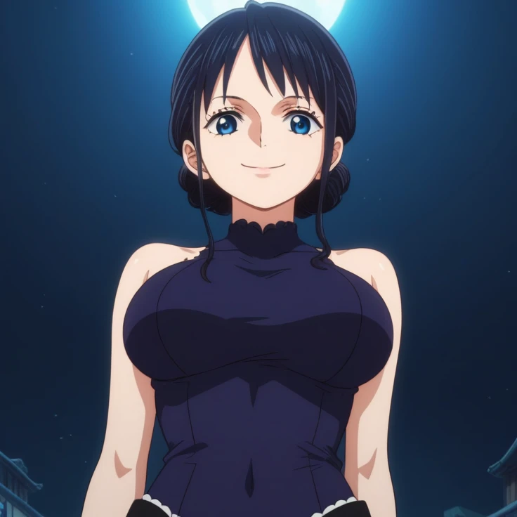 score_9, score_8_up, score_7_up, best quality, masterpiece, source_anime, anime screencap, one_piece_wano_style, clear face, 1girl, solo, , black hair, shot hair, blue eyes, large breasts, bodysuit white, one-piece dress, black mini skirt, clevage, outdoor, smile, dynamic angle, looking at viewer, upper body 