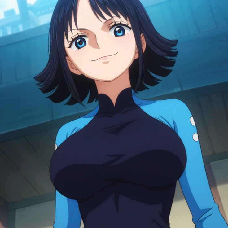 score_9, score_8_up, score_7_up, best quality, masterpiece, source_anime, anime screencap, one_piece_wano_style, clear face, 1girl, solo, , black hair, shot hair, blue eyes, large breasts, bodysuit white, one-piece dress, black mini skirt, clevage, outdoor, smile, dynamic angle, looking at viewer, upper body