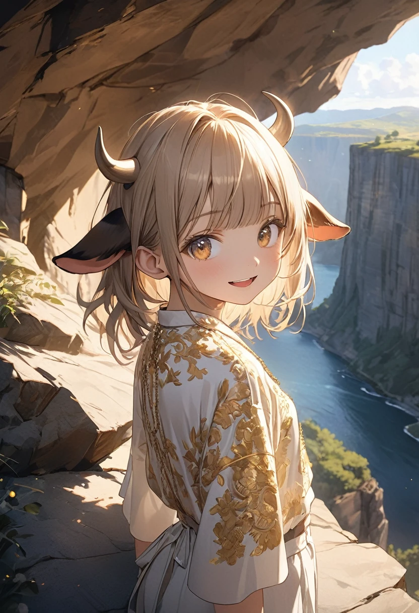 ((Masterpiece)), ((best quality)), (Anime:1.4), (super detail:1.2), (High Definition:1.3), (Professional Photography:1.3), (wide shot), (sharp focus), (perfect light), ((12 years old)), 1girl, cinematic lighting, Textured skin, messy hair, (loose blunt bangs), teenage girl, (slightly exposed stomach), (Gold embroidery Noble Shirt), (Healthy slim body), small breasts, cute eyes, ((naughty smile)), (open mouth), Textured skin, (put on cow ears), pale brown hair, Cute Beautiful girl, ((Vibrant Pose)), Thin chain accessories,(outside the precipitous cliff), abarastyle,