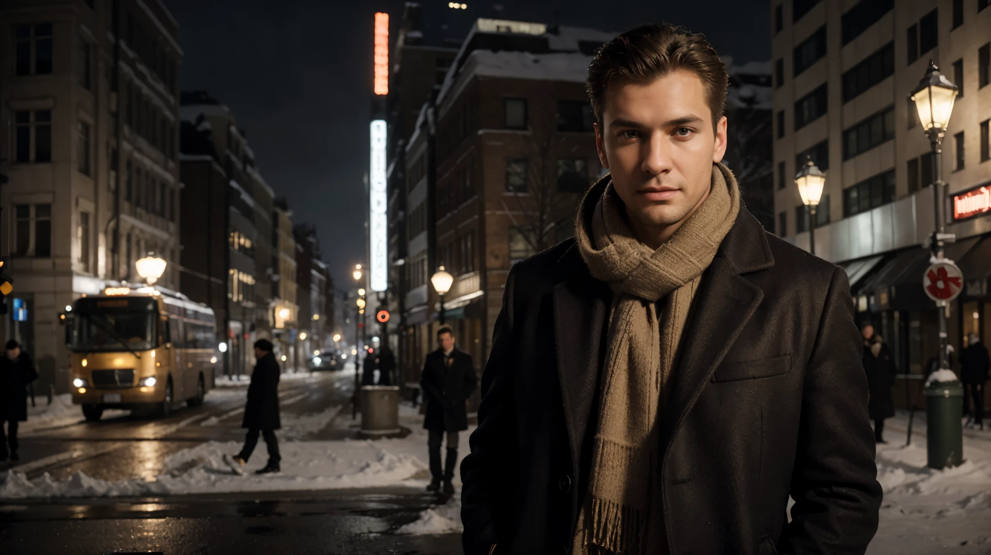 Dmitry Ivanov photographed wearing an overcoat and scarf on a street corner, wearing an overcoat, wearing a light brown overcoat, wearing an overcoat, wearing a long beige overcoat, handsome man, overcoat and suit, overcoat, handsome man, overcoat, he's wearing a black overcoat, winter, snow, moscow, motherboard, realistic, HD, sharp, rich details, ultra detailed, ultra textures, highest resolution, highest contrast, highest quality models, local light, down light, side light, leaky light, back light, edge light, film light, depth of field, bokeh, cinematic, panorama, full size. 8 k, ultra realistic body from the waist up