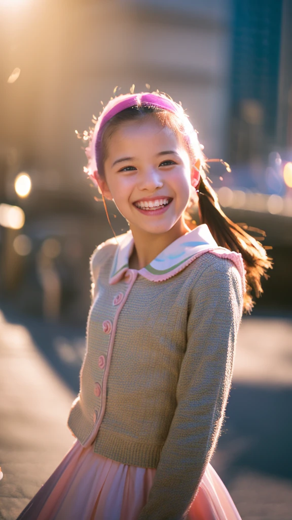 Portrait photo of a young girl, (laughing:0.7), posing, look at a camera, pink ponytails hair, complex city background, backlit, (cinematic:1.5), epic realistic, hyperdetailed, insane details, intricate details, accent lighting, soft volumetric light, bokeh, (dramatic light:1.2), (neutral colors:1.3), cross process