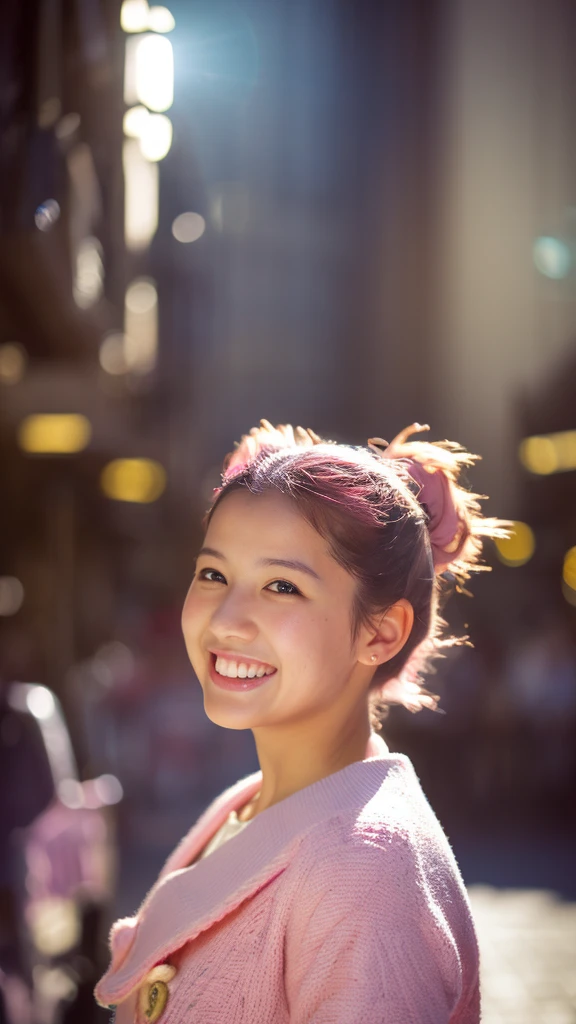 Portrait photo of a young girl, (laughing:0.7), posing, look at a camera, pink ponytails hair, complex city background, backlit, (cinematic:1.5), epic realistic, hyperdetailed, insane details, intricate details, accent lighting, soft volumetric light, bokeh, (dramatic light:1.2), (neutral colors:1.3), cross process