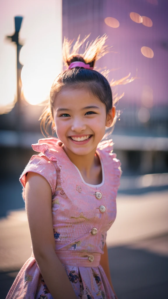 Portrait photo of a young girl, (laughing:0.7), posing, look at a camera, pink ponytails hair, complex city background, backlit, (cinematic:1.5), epic realistic, hyperdetailed, insane details, intricate details, accent lighting, soft volumetric light, bokeh, (dramatic light:1.2), (neutral colors:1.3), cross process