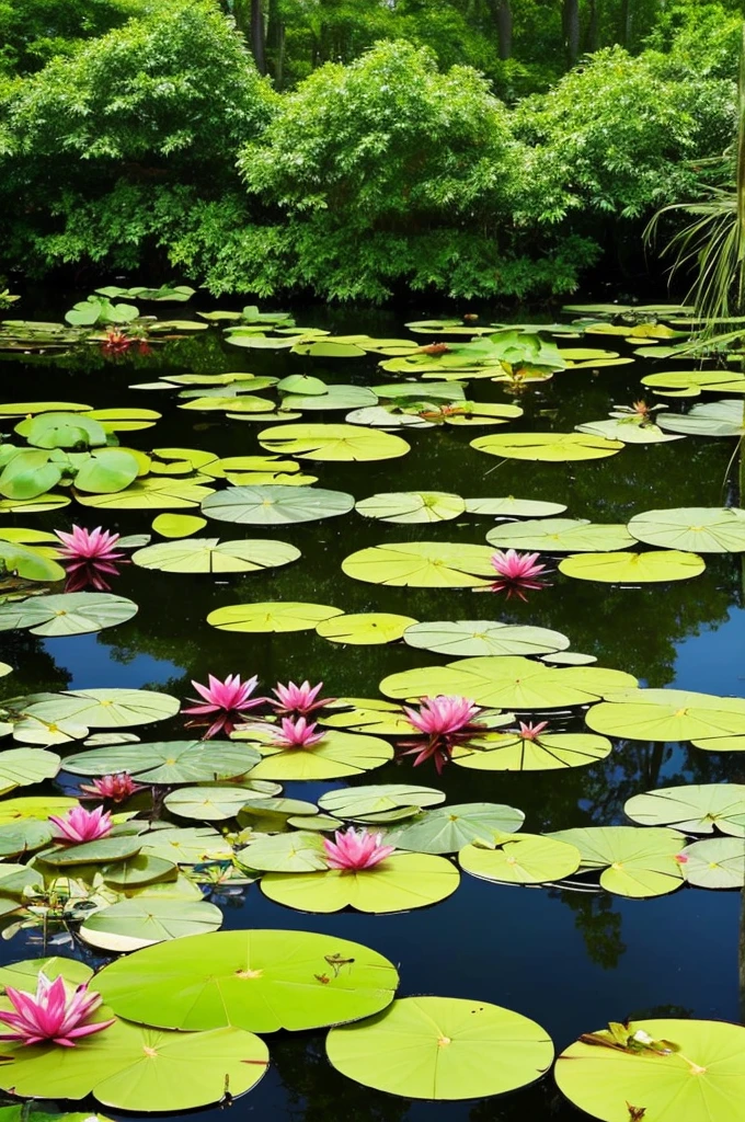 trees and plants surround a pond in a tropical setting, lily pads, incredibly beautiful, green lily pads, waterlily pond, waterlily pads, pond with frogs and lilypads, 🌻🎹🎼, ❤🔥🍄🌪, lily pad, verdant and lush and overgrown, landscape is lush, by Josh Bayer, beautiful tranquil day, by Jeffrey Smith