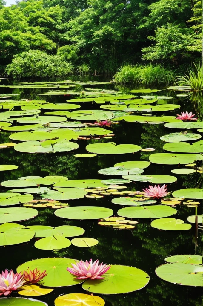 trees and plants surround a pond in a tropical setting, lily pads, incredibly beautiful, green lily pads, waterlily pond, waterlily pads, pond with frogs and lilypads, 🌻🎹🎼, ❤🔥🍄🌪, lily pad, verdant and lush and overgrown, landscape is lush, by Josh Bayer, beautiful tranquil day, by Jeffrey Smith