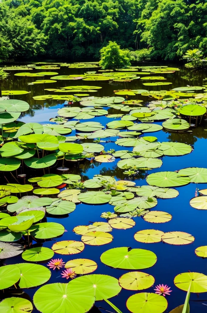 trees and plants surround a pond in a tropical setting, a picture by Josh Bayer, pexels, visual art, lily pads, incredibly beautiful, green lily pads, waterlily pond, waterlily pads, pond with frogs and lilypads, 🌻🎹🎼, ❤🔥🍄🌪, lily pad, verdant and lush and overgrown, landscape is lush