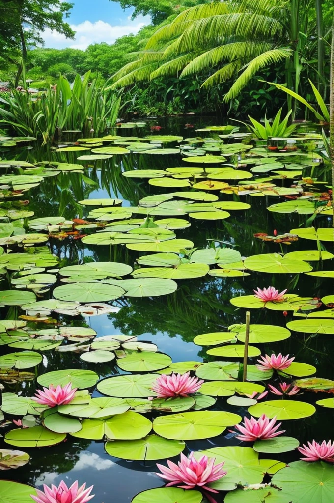 trees and plants surround a pond in a tropical setting, a picture by Josh Bayer, pexels, visual art, lily pads, incredibly beautiful, green lily pads, waterlily pond, waterlily pads, pond with frogs and lilypads, 🌻🎹🎼, ❤🔥🍄🌪, lily pad, verdant and lush and overgrown, landscape is lush