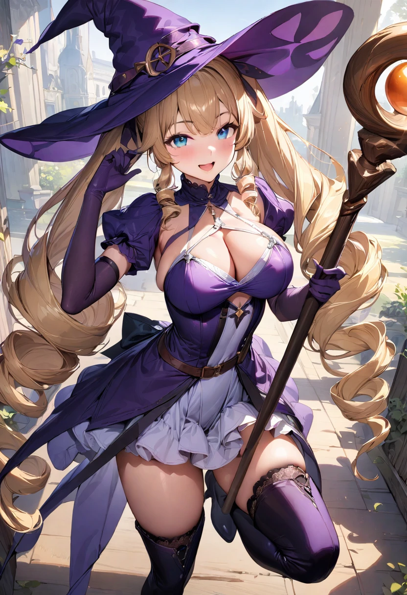 (masterpiece),(best quality),(ultra-detailed),(best illustration),(best shadow),(absurdres),(detailed background),(very aesthetic),1girl, solo, hat, blonde-hair, drill-hair, gloves, breasts, blue-eyes, witch-hat, thigh-boots, thighhighs, boots, elbow-gloves, open-mouth, staff, purple-headwear, smile, dress, full-body, simple-background, cleavage, large-breasts, looking-at-viewer, purple-dress, very-long-hair, purple-gloves, holding, purple-footwear, wand standing-on-one-leg, twin-drills, holding-staff, witch, black-footwear, puffy-sleeves
