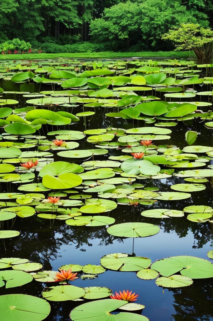 trees and plants surround a pond in a tropical setting, a picture by Josh Bayer, pexels, visual art, lily pads, incredibly beautiful, green lily pads, waterlily pond, waterlily pads, pond with frogs and lilypads, 🌻🎹🎼, ❤🔥🍄🌪, lily pad, verdant and lush and overgrown, landscape is lush