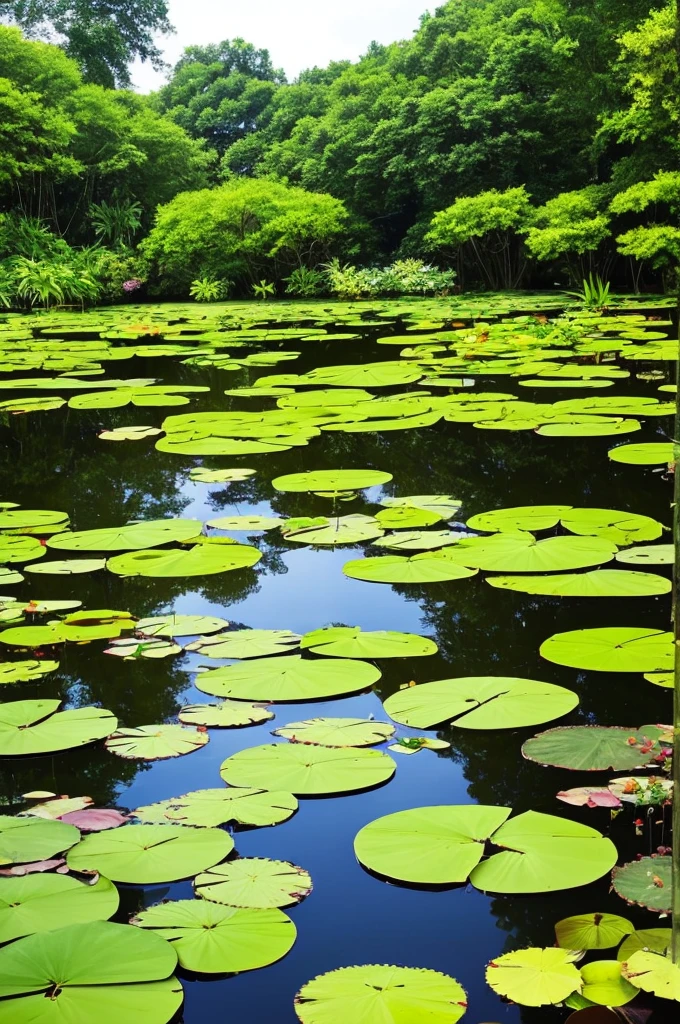 trees and plants surround a pond in a tropical setting, lily pads, incredibly beautiful, green lily pads, waterlily pond, waterlily pads, pond with frogs and lilypads, 🌻🎹🎼, ❤🔥🍄🌪, lily pad, verdant and lush and overgrown, landscape is lush, by Josh Bayer, beautiful tranquil day, by Jeffrey Smith