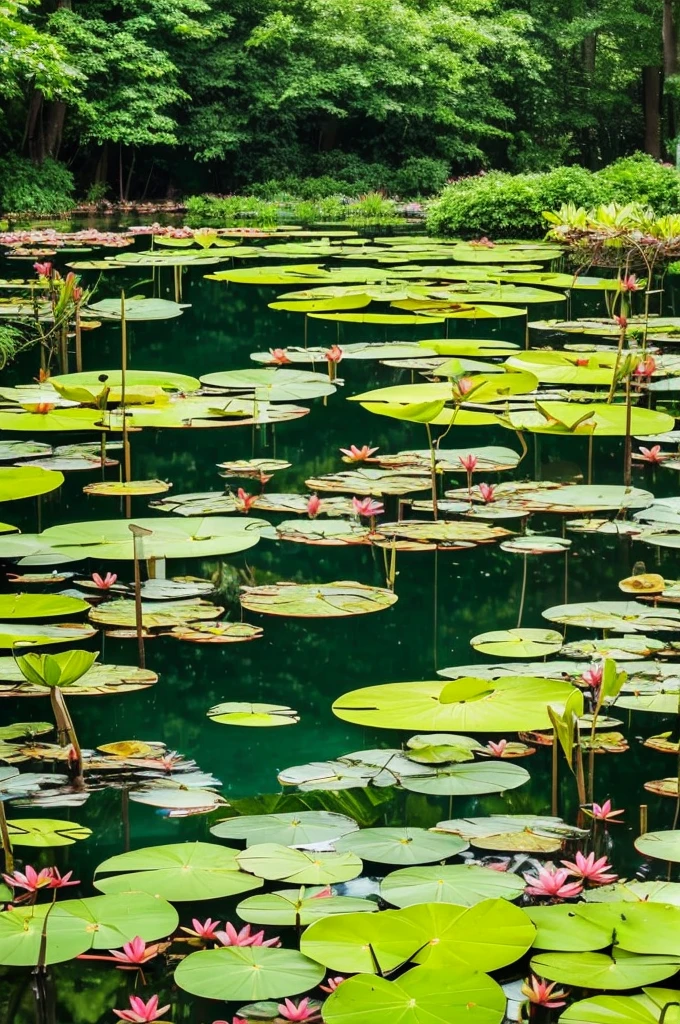 trees and plants surround a pond in a tropical setting, a picture by Josh Bayer, pexels, visual art, lily pads, incredibly beautiful, green lily pads, waterlily pond, waterlily pads, pond with frogs and lilypads, 🌻🎹🎼, ❤🔥🍄🌪, lily pad, verdant and lush and overgrown, landscape is lush