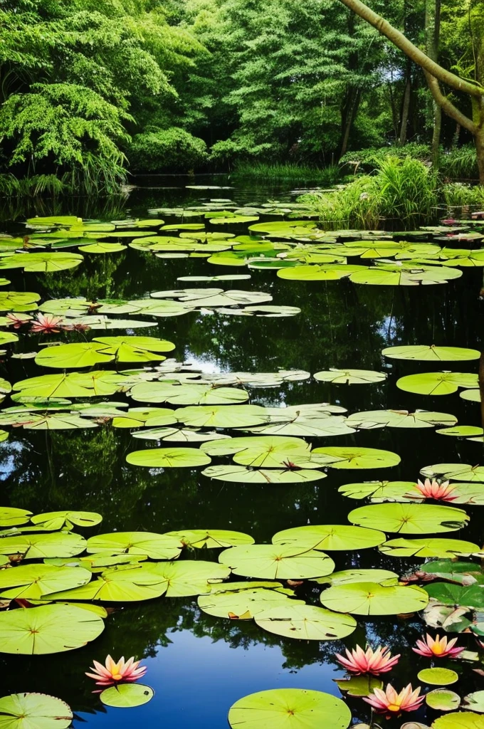 trees and plants surround a pond in a tropical setting, a picture by Josh Bayer, pexels, visual art, lily pads, incredibly beautiful, green lily pads, waterlily pond, waterlily pads, pond with frogs and lilypads, 🌻🎹🎼, ❤🔥🍄🌪, lily pad, verdant and lush and overgrown, landscape is lush