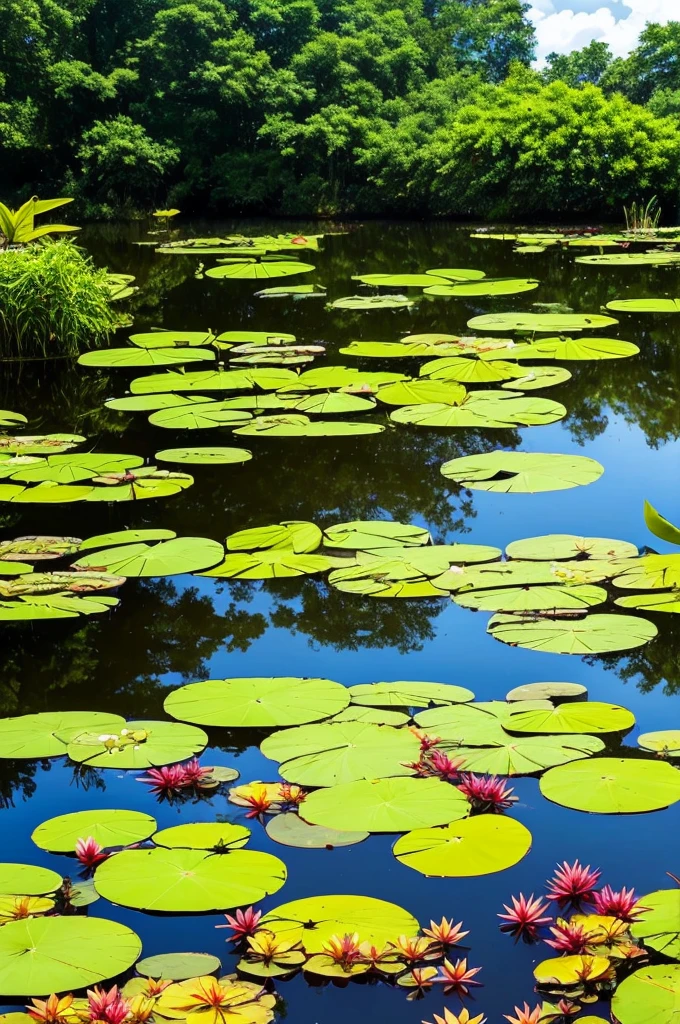 trees and plants surround a pond in a tropical setting, a picture by Josh Bayer, pexels, visual art, lily pads, incredibly beautiful, green lily pads, waterlily pond, waterlily pads, pond with frogs and lilypads, 🌻🎹🎼, ❤🔥🍄🌪, lily pad, verdant and lush and overgrown, landscape is lush