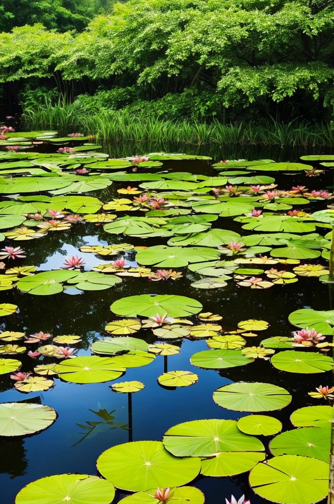 trees and plants surround a pond in a tropical setting, a picture by Josh Bayer, pexels, visual art, lily pads, incredibly beautiful, green lily pads, waterlily pond, waterlily pads, pond with frogs and lilypads, 🌻🎹🎼, ❤🔥🍄🌪, lily pad, verdant and lush and overgrown, landscape is lush
