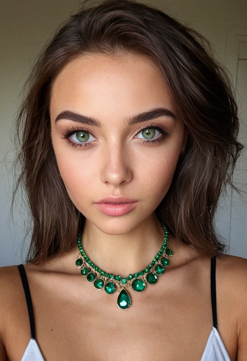 Arafed Femme portant un débardeur blanc et un collier, Fille sexy aux yeux verts, peau bronzée, Portrait Sophie Mudd, cheveux bruns et grands yeux, selfie d'une jeune femme, yeux de la chambre, Violette Myers, sans maquillage, Maquillage naturel, regardant directement la caméra, Cara avec Artgram, maquillage subtil, Impresionante foto de corps entier, yeux verts perçants, bel angle, pose attrayante, Mignon , pose sexy, Image du corps entier, corps entier, séance photo sur tout le corps, déesse brune, Détail élevé, Pose satisfaite, pantalon en cuir