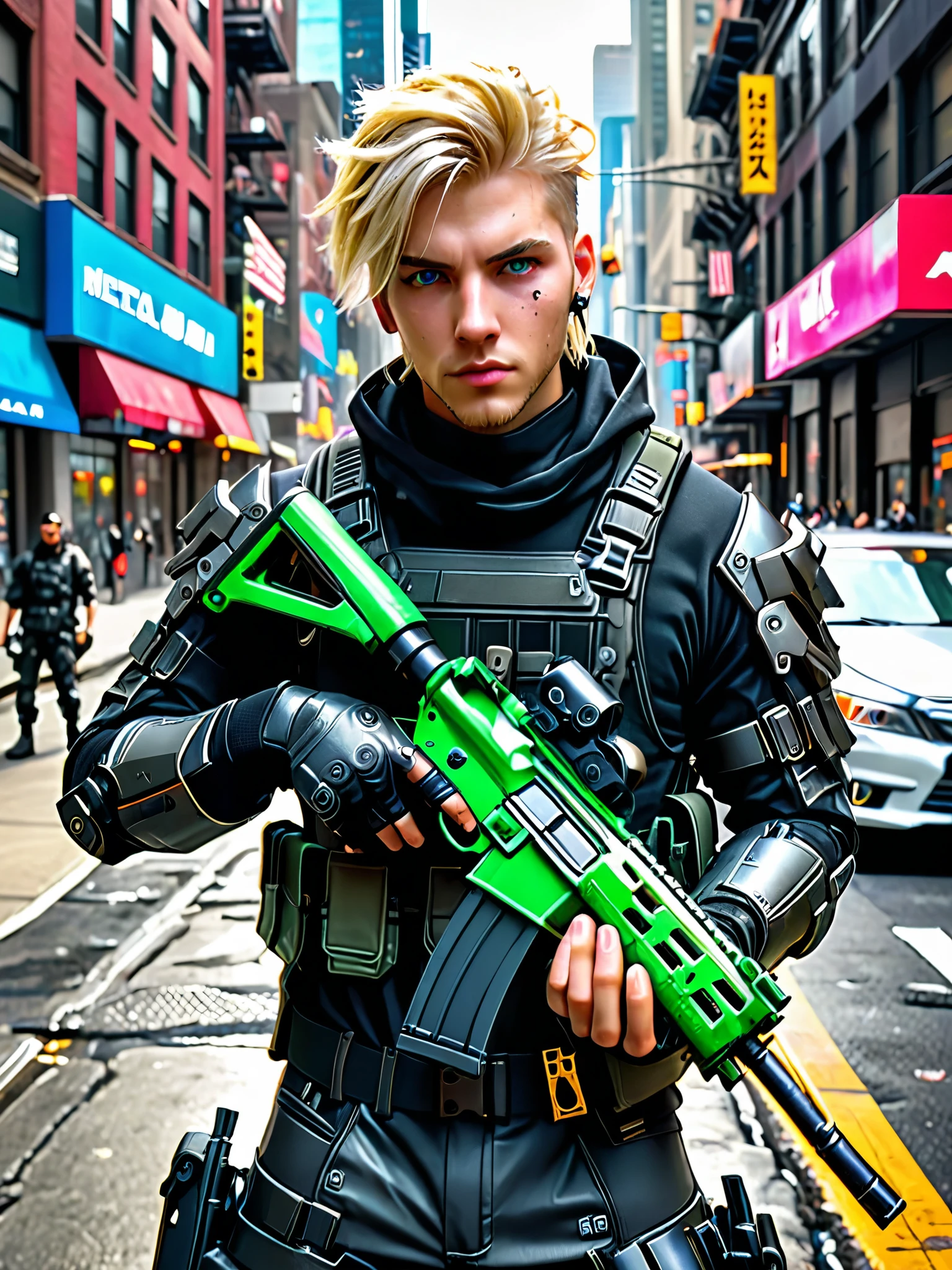 blond-haired man in military uniform (holding an (m4 carbine)) on a new york city street, cyberpunk street goon, hyper-realistic cyberpunk style, jetstream sam from metal gear, techwear look and clothes, cyberpunk streetwear, cyberpunk soldier, young blonde boy fantasy thief, soldier outfit, wearing techwear and armor, wearing japanese techwear, soldier 7 6 from overwatch, wearing cyberpunk streetwear, green eyes