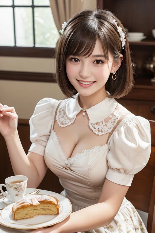 a young girl with white skin, ((short tiered dark brown hair)), V-cut with layers and bangs, brown eyes, soft features (best quality, ultra high resolution, 8k, RAW photo, ultra high resolution: 1.2, masterpiece: 1.3), (realistic, realism: 1.37), highly detailed, professional lighting, photon mapping, radiosity, physically based rendering, single girl, (high school girl), sharp focus: 1.2, beautiful woman: 1.4, cute, nice, adorable smile, normal chest, cross necklace, earrings, ring, (cleavage), ((short dark brown hair)), (cute smile showing teeth) wearing a classic ta dress with a delicate lace collar, puffed sleeves and a floral print. She is sitting in a vintage tea room with a cup of tea and a plate of pastries.