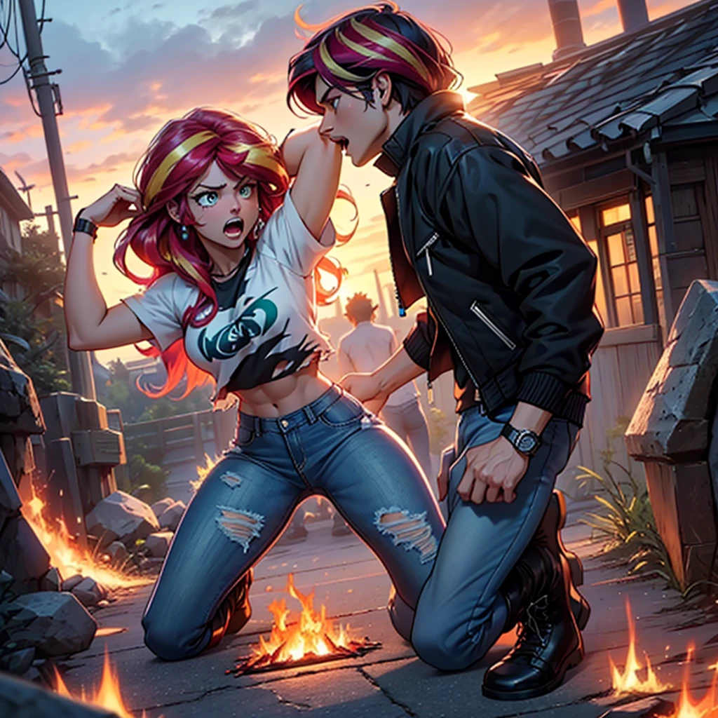score_9, score_8_up, score_7_up, score_6_up, score_5_up, score_4_up, (Sunset Shimmer from equestria girls), (1girl), movie accurate equestria girls, detailed, athletic, healthy, beautiful, female, full body, athletic, hair made of fire, surrounded by fire, glowing teal eyes, kneeling, screaming, glowing, glowing eyes, agony, despair, anguish, black lesther jacket, teal crop top, abs, torn blue jeans, tight jeans, black buckled boots,