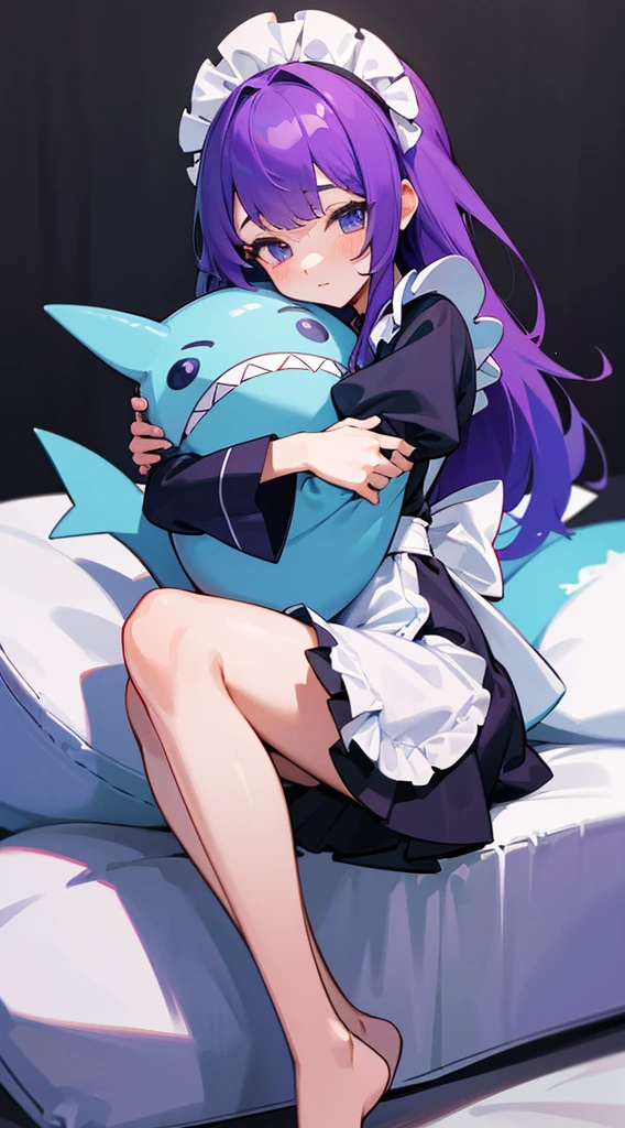 Top Quality, 8K, 4K, High Definition, Detail, (better-quality, 8K, 12), top-quality, 1 girl, purple short, sit down, hugs a shark pillow, wearing a shark PJ, wearing a maid outfit,
