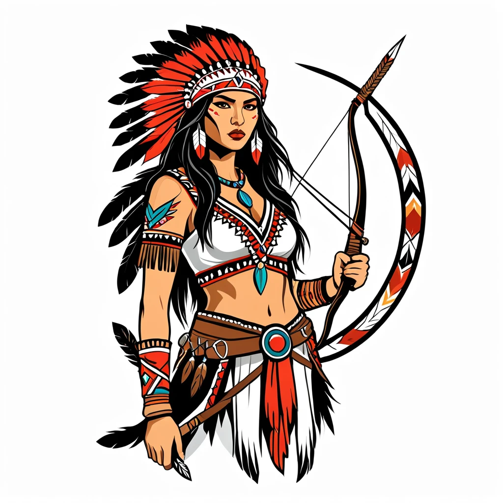 female assassin in native american folk costume	,Vector graphics, strong outlines, white background, logo design