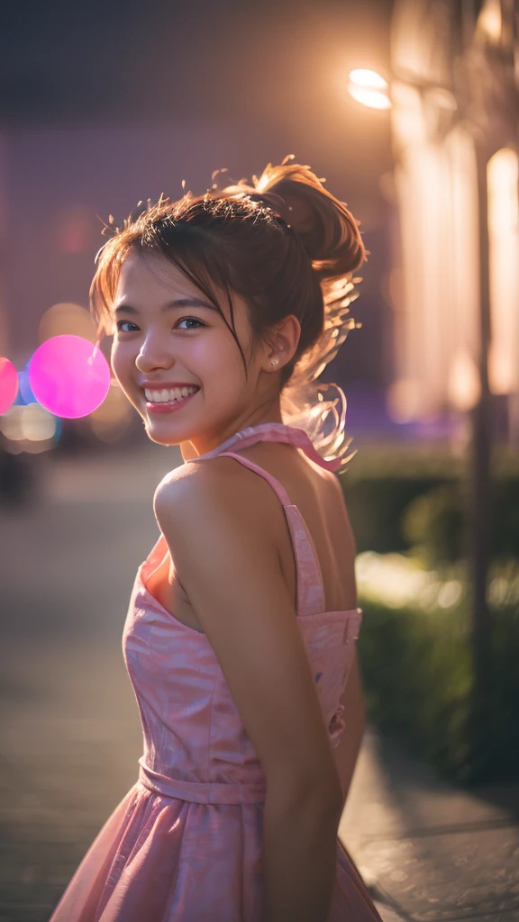 Portrait photo of a young girl,20 years old, (laughing:0.7), posing, look at a camera, pink ponytails hair, complex city background, backlit, (cinematic:1.5), epic realistic, hyperdetailed, insane details, intricate details, accent lighting, soft volumetric light, bokeh, (dramatic light:1.2), (neutral colors:1.3), cross process