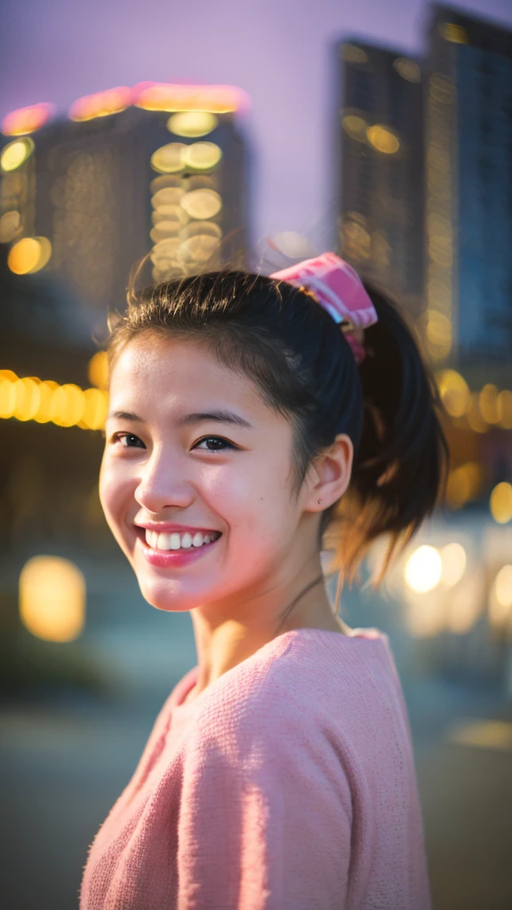 Portrait photo of a young girl,20 years old, (laughing:0.7), posing, look at a camera, pink ponytails hair, complex city background, backlit, (cinematic:1.5), epic realistic, hyperdetailed, insane details, intricate details, accent lighting, soft volumetric light, bokeh, (dramatic light:1.2), (neutral colors:1.3), cross process
