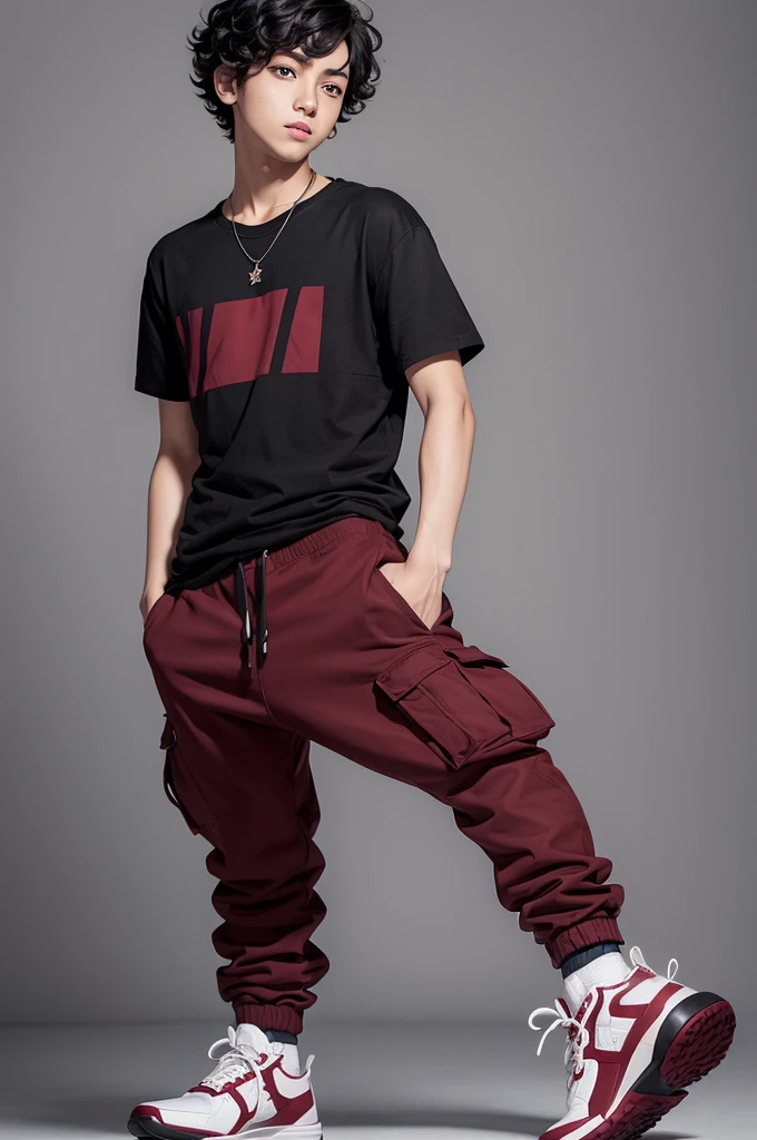 anime drawing of boy with short curly black hair, skin black, burgundy shirt with black cargo pants and red and white sneakers style miles morales
