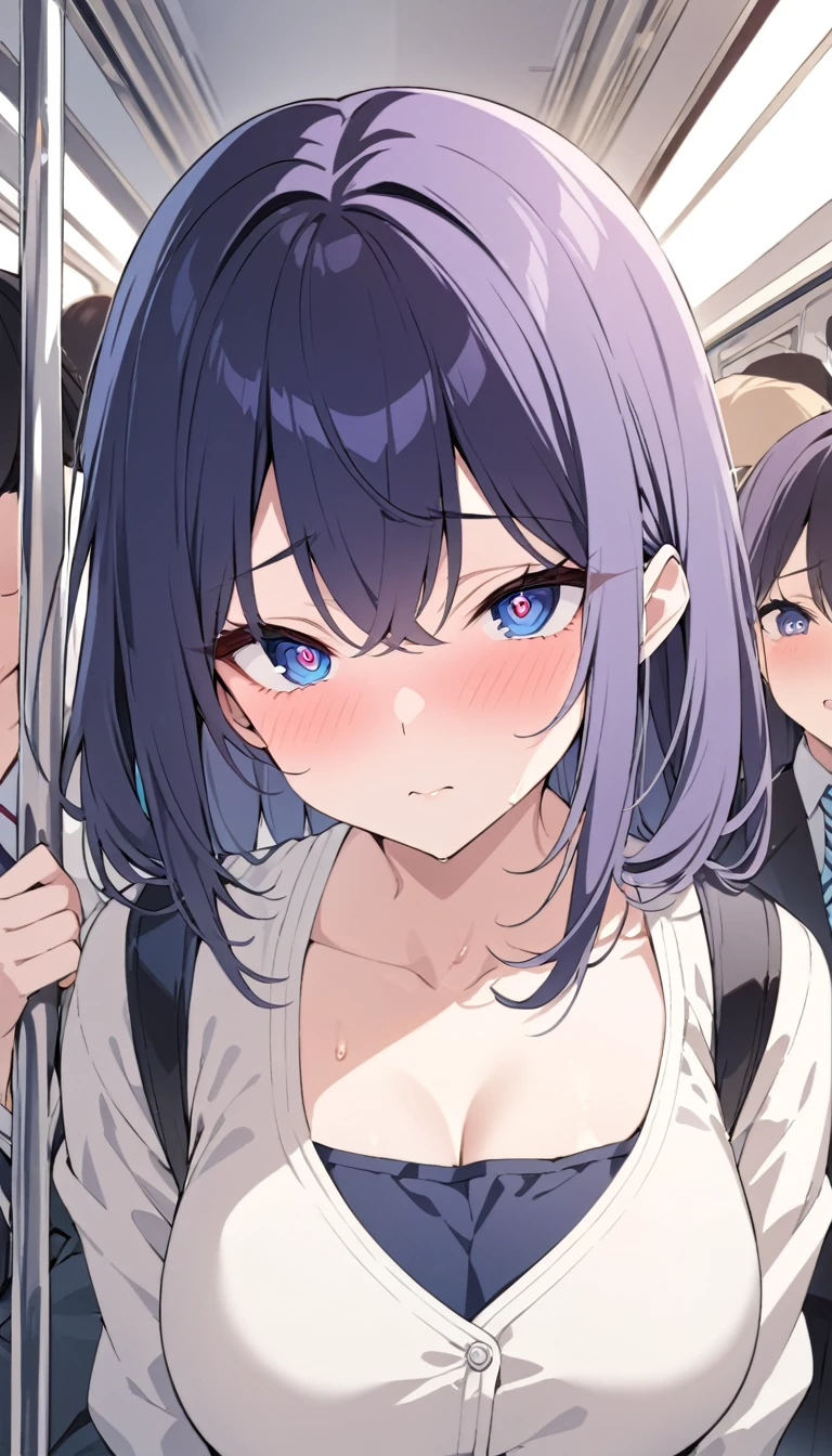 masterpiece, High resolution, perfect face, Japan beauties, 30 years old, beautiful face, in the crowded train, high school student, embarrassed look, look at the camera, (top quality eyes), detailed texture, Look at me, Married woman, cool women, ((high resolution eyes)), hentai