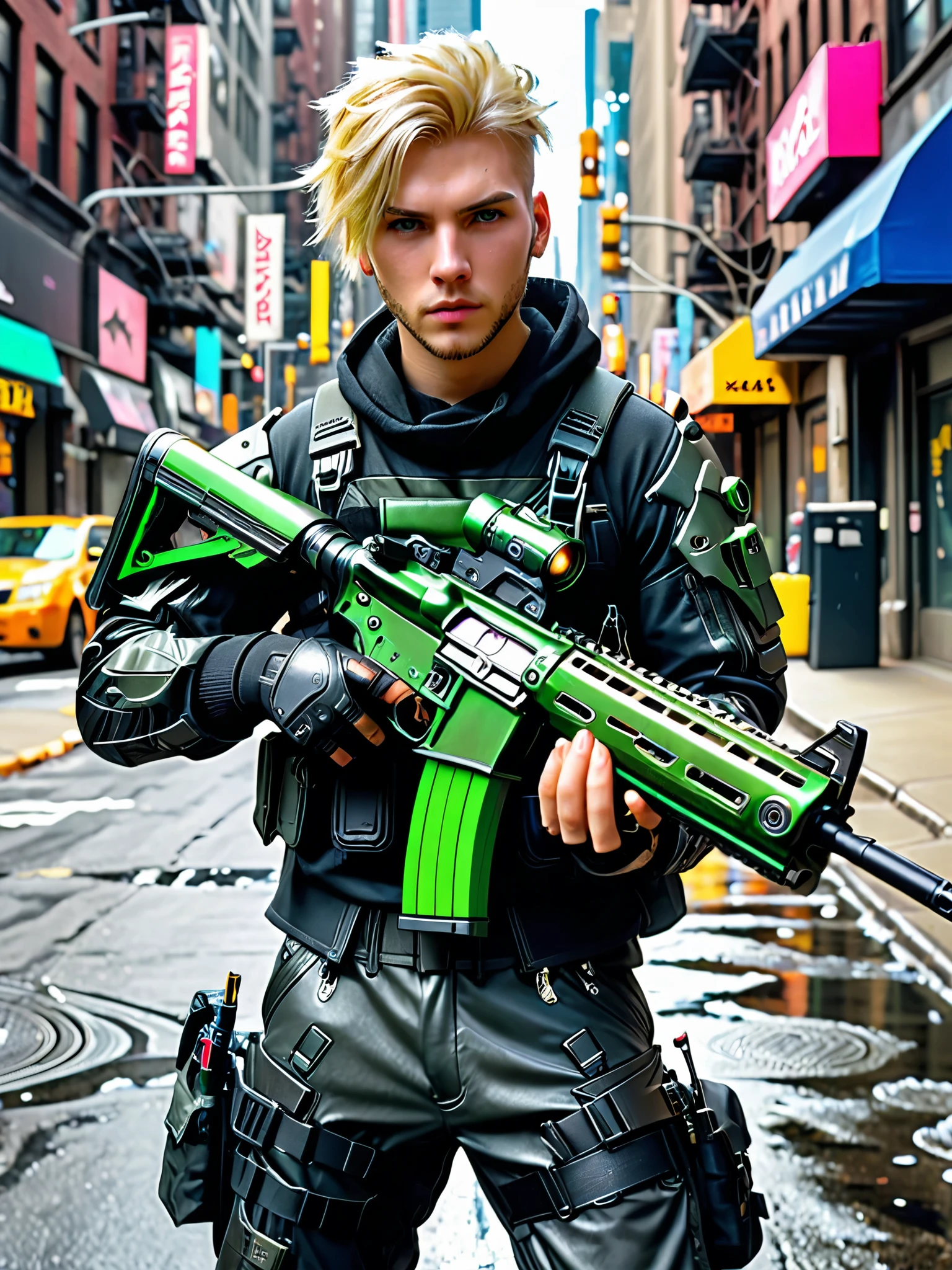 blond-haired man in military uniform (holding an (m4 carbine)) on a new york city street, cyberpunk street goon, hyper-realistic cyberpunk style, jetstream sam from metal gear, techwear look and clothes, cyberpunk streetwear, cyberpunk soldier, young blonde boy fantasy thief, soldier outfit, wearing techwear and armor, wearing japanese techwear, soldier 7 6 from overwatch, wearing cyberpunk streetwear, green eyes