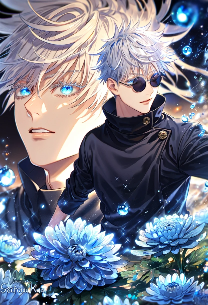 absurdres, highres, ultra detailed, HDR, master piece, best quality, extremely detailed, Gojou Satoru, white hair, black round sunglasses, expressive blue eyes, white eyelashes, Jujutsu Kaisen, solo, sexy man, handsome, jujutsu uniform, black shirt, black pants, fantasy, water, sparkling, blue glittering fireflies, blue moon, blue blossoms, blue chrysanthemums, blue sparkling lights, starry sky, magical