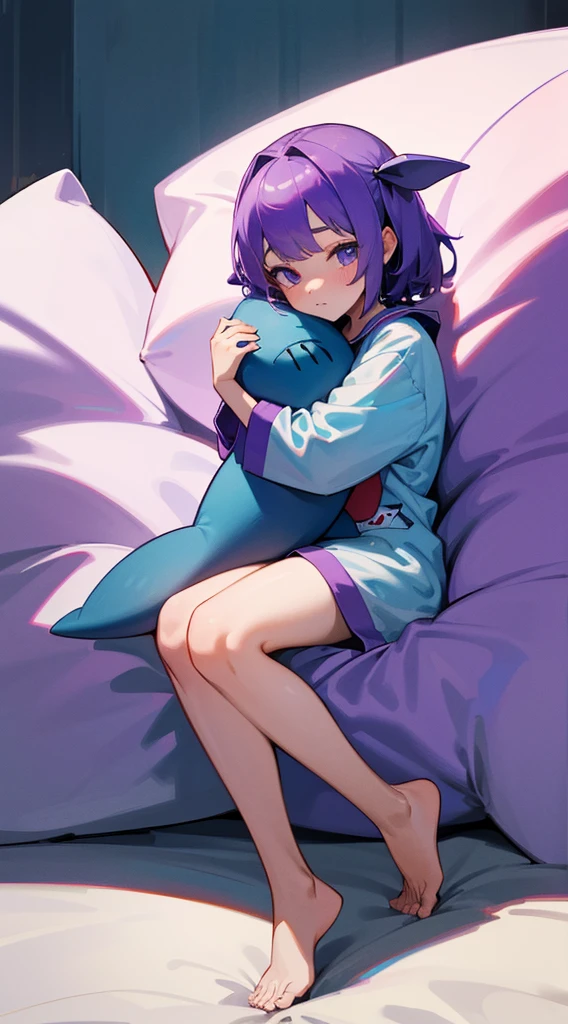 Top Quality, 8K, 4K, High Definition, Detail, (better-quality, 8K, 12), top-quality, 1 girl, purple short, sit down on bed, hugs a shark pillow, wearing a shark PJ, show full,