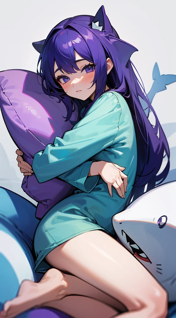 Top Quality, 8K, 4K, High Definition, Detail, (better-quality, 8K, 12), top-quality, 1 girl, purple short, sit down, hugs a shark pillow, wearing a shark PJ,