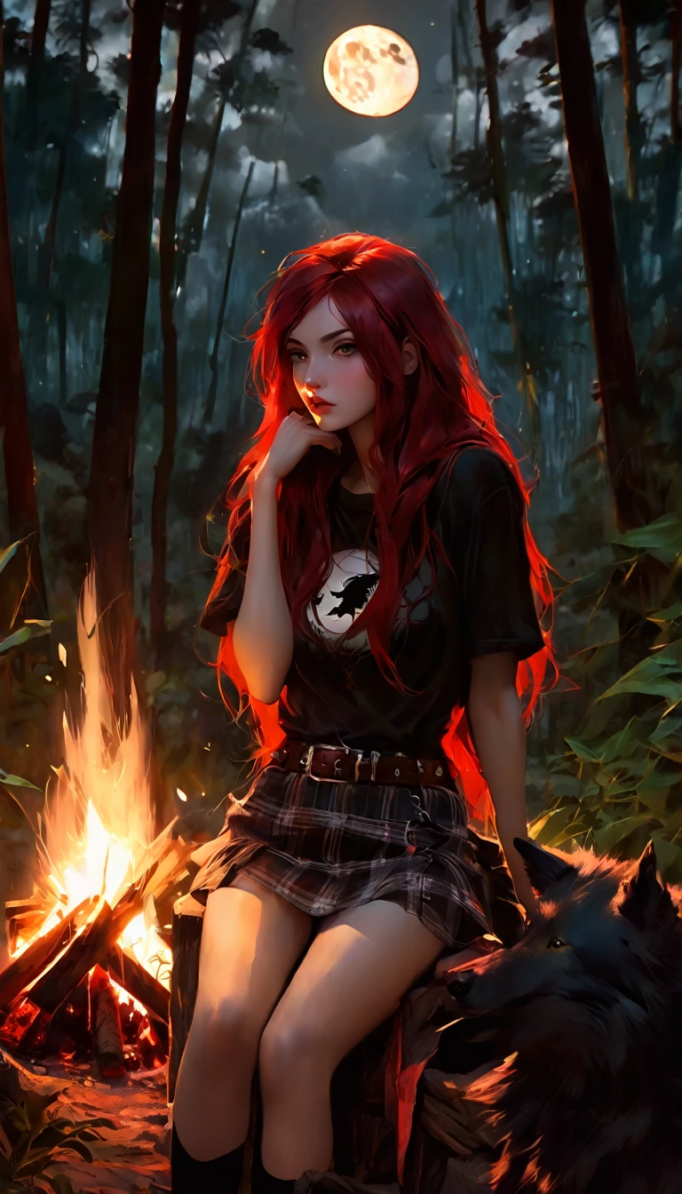 girl and her pet wolf, sexy girl, long red hair, punk look, plaid miniskirt, rope belt, tight t-shirt, sitting next to a bonfire, magic, fantastic, night sky, moon, stars, background, in a thick jungle, oil painting, chiaroscuro, lighting sensual and dramatic, moody atmosphere, dark and melancholic, expressionistic, powerful composition, emotional impact, art inspired by Bill Sienkiewicz